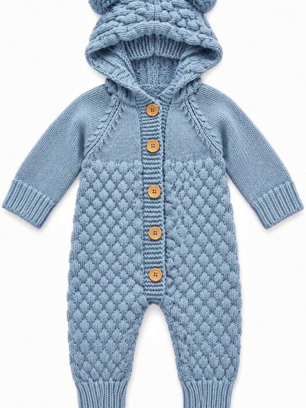 Amazon Baby Blue Cable Knit Hooded Romper Pom Pom Bear Ears Button Front